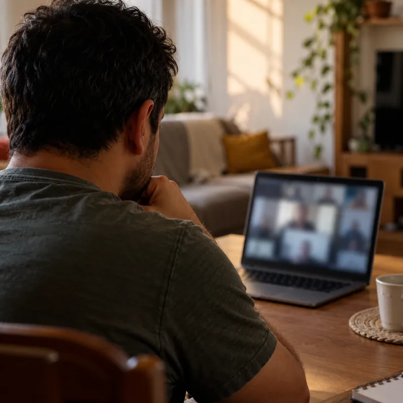 Homem participando de audiência por vídeo pelo notebook, em casa