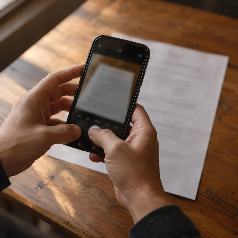 Mãos fotografando um documento trabalhista com o celular