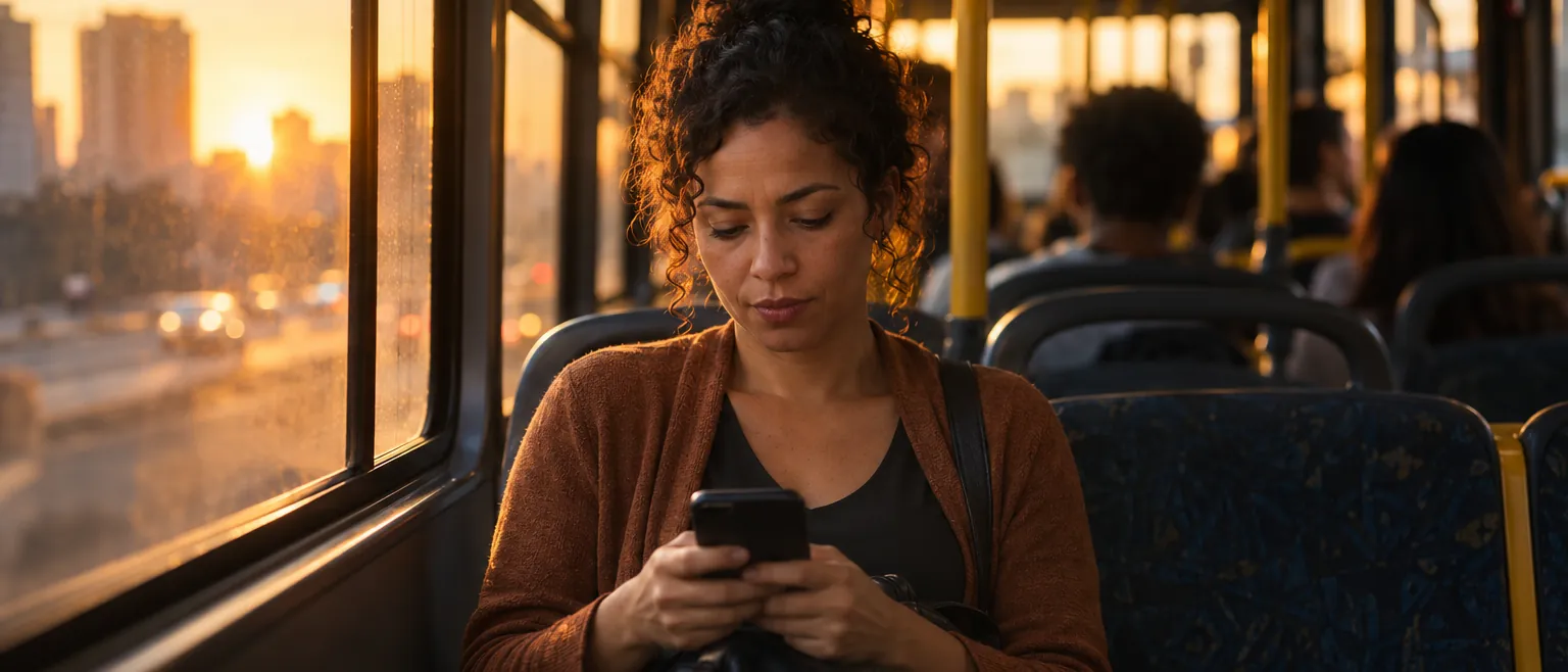 Mulher no ônibus ao fim do dia, olhando o celular