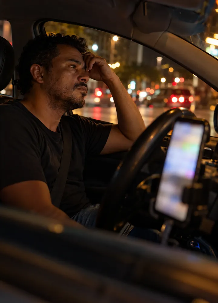 Motorista de aplicativo dentro do carro à noite