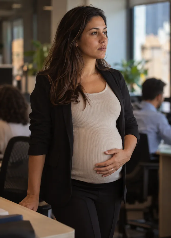 Gestante no ambiente de trabalho, com a mão na barriga