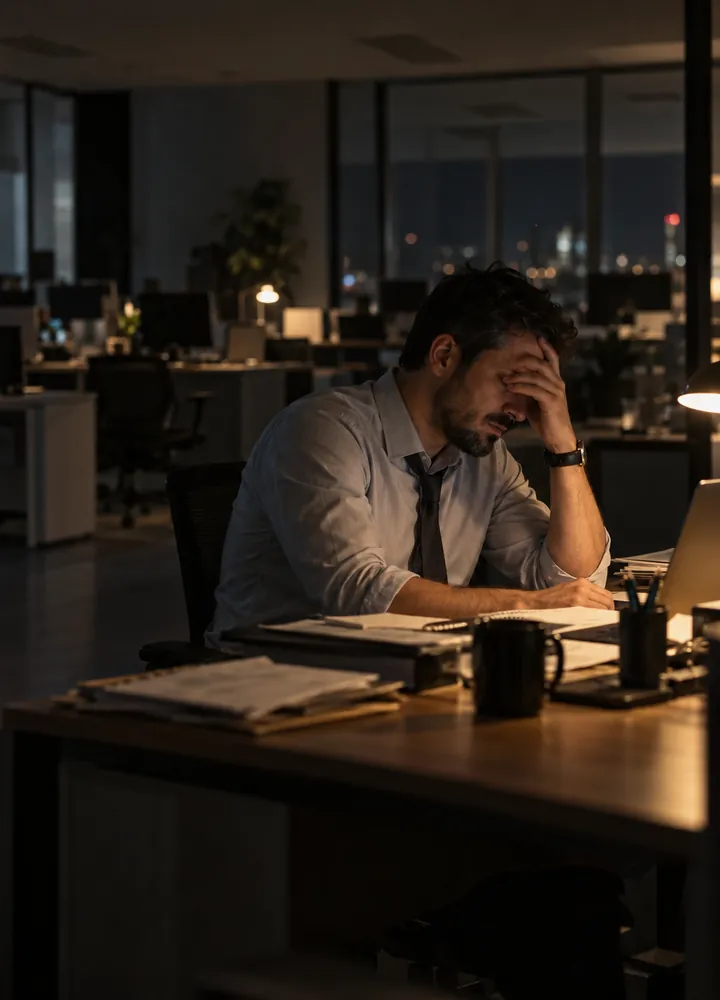 Homem exausto na mesa do escritório à noite